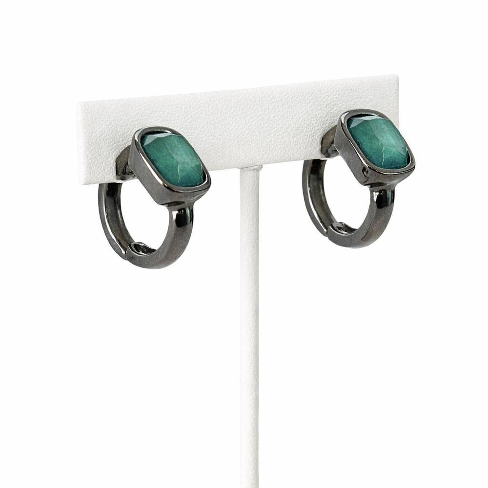 Gunmetal Tone Green Cushion Cut Stone Earrings Modern Minimalist Pierced